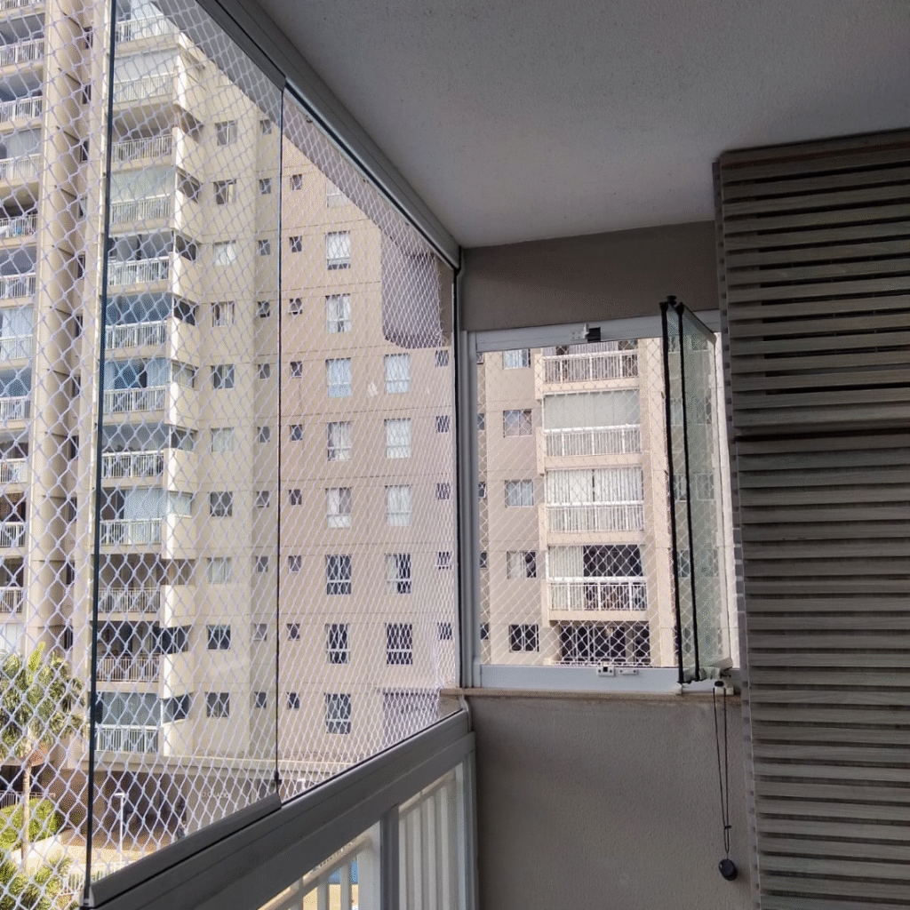 Rede de proteção instalada em sacada alta com vista urbana em Belo Horizonte — segurança com acabamento discreto