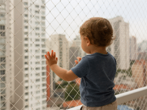 Criança apoiada em rede de proteção em sacada de apartamento alto — segurança infantil em BH